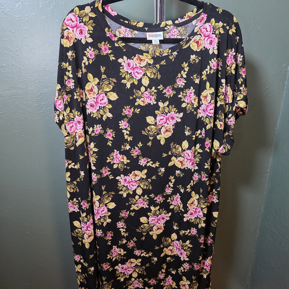 LuLaRoe Chelsea Black Shift Dress with Pink and Yellow Rose Print